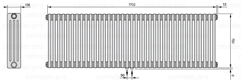 Схема (чертеж) Радиатор Zehnder Charleston 4075/37 №5410 Белый глянцевый RAL 9016